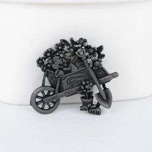 Pewter Wheelbarrow Pin Brooch Marked AJC Flowers Gardening Gardner Gift Shovel